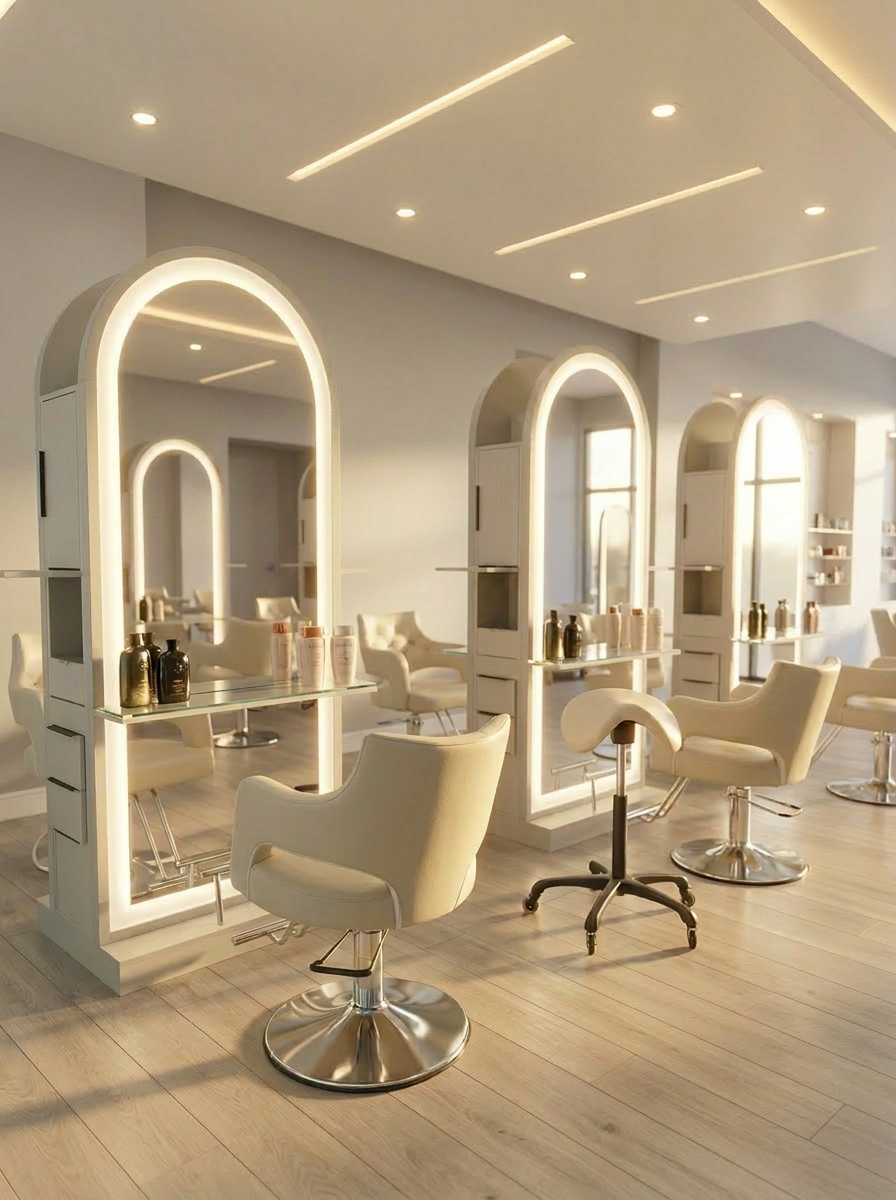 Salon Sora's reception lounge in Boca Raton — mosaic-tile front desk, navy velvet armchairs, golden-hour light through arched windows.