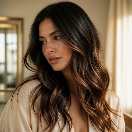 Model with soft, hand-painted balayage waves – illustrating “Can I get balayage on dark hair without bleaching?”
