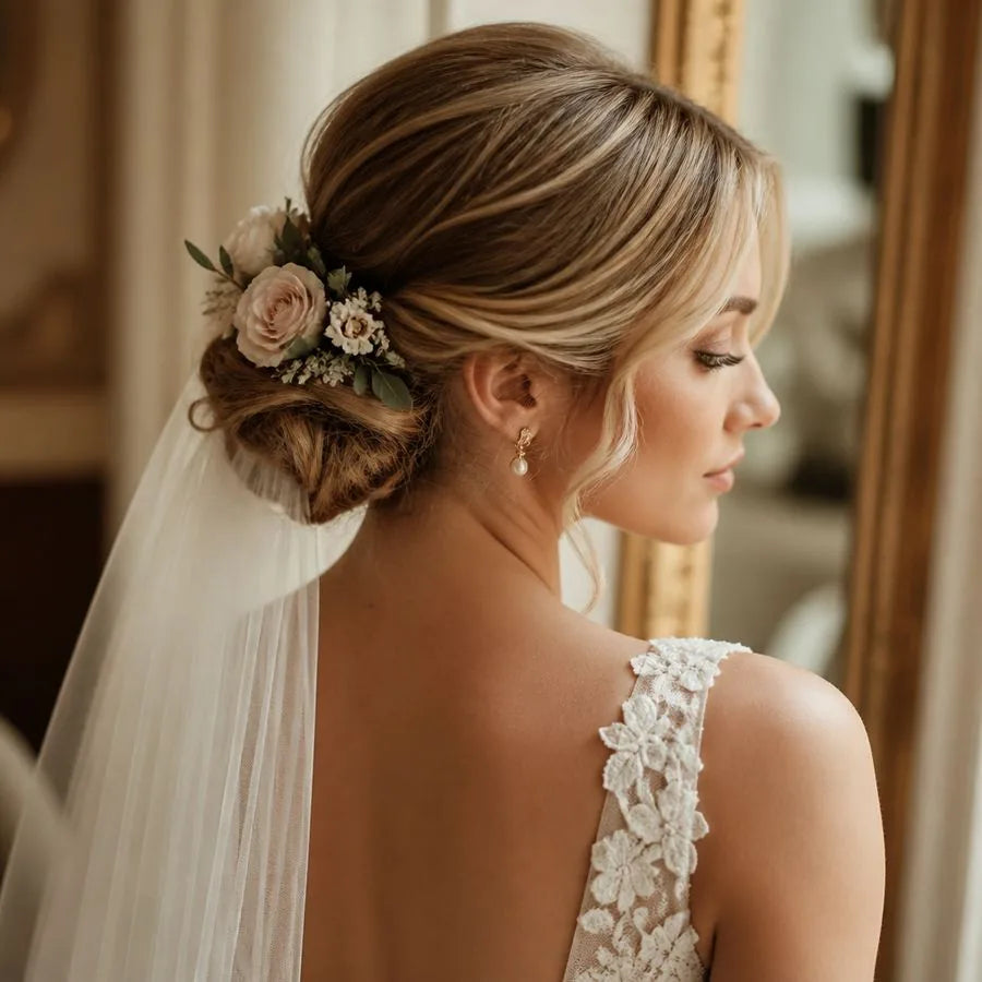 Bridal updo with hair accessories – illustrating “Can I get my color done the week of my wedding?”