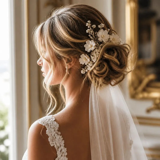 Bridal updo with hair accessories – illustrating “Do salons travel for bridal hair?”