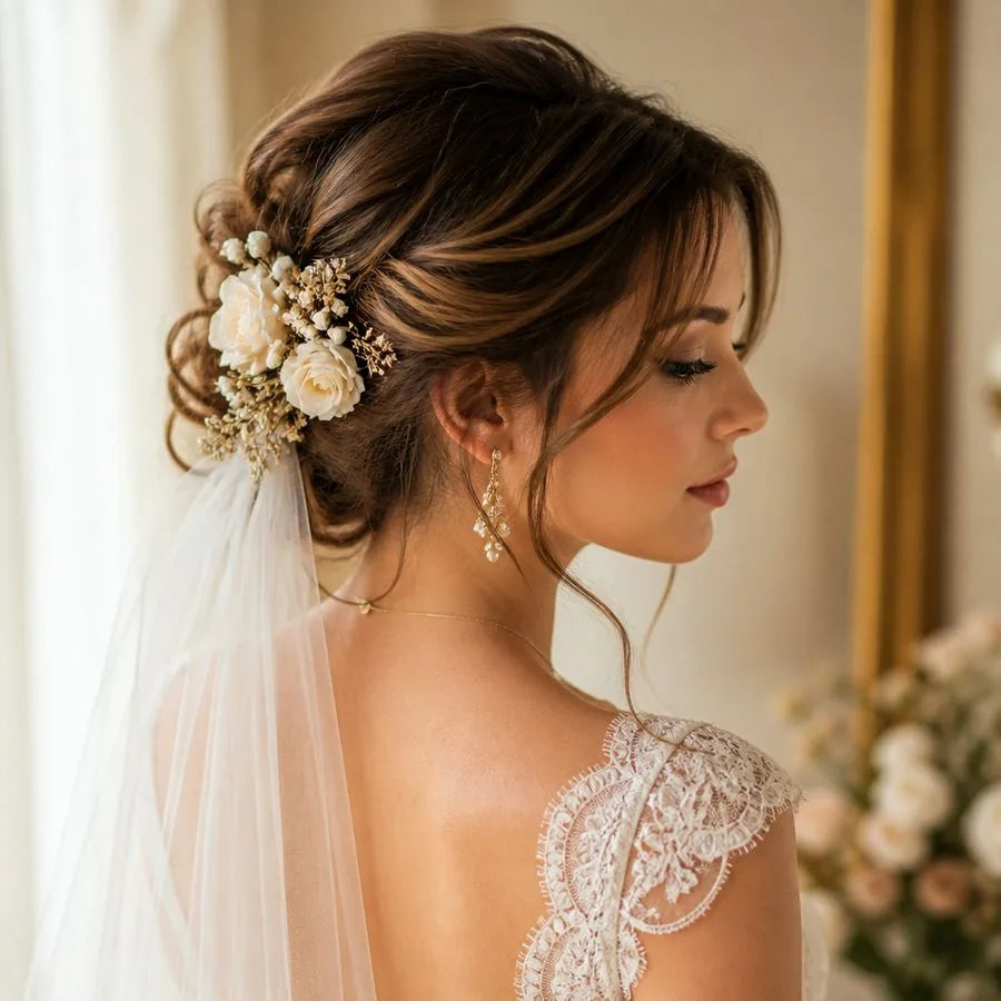 Bridal updo with hair accessories – illustrating “How do I make bridal hair last all day in Florida humidity?”