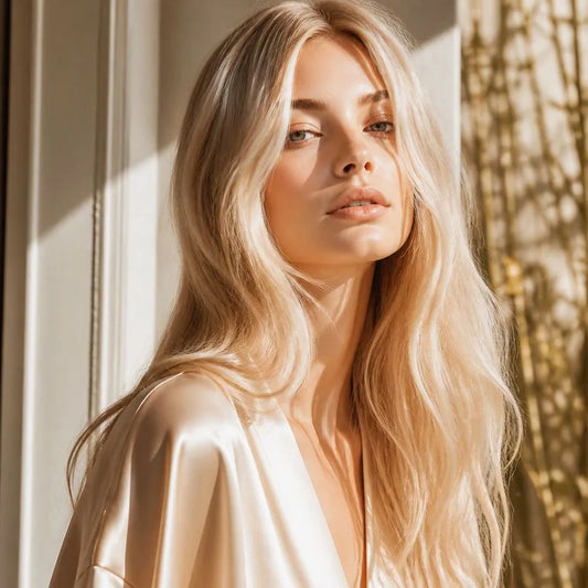 Model with bright, dimensional blonde hair – illustrating “How often should I use purple shampoo?”