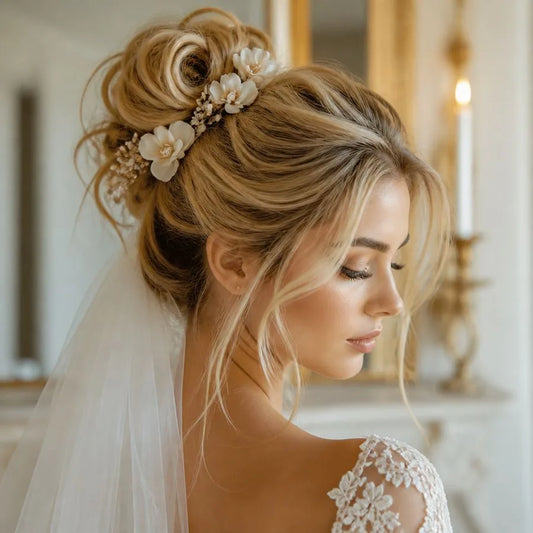 Bridal updo with hair accessories – illustrating “What is the average cost of bridal hair in Boca Raton?”