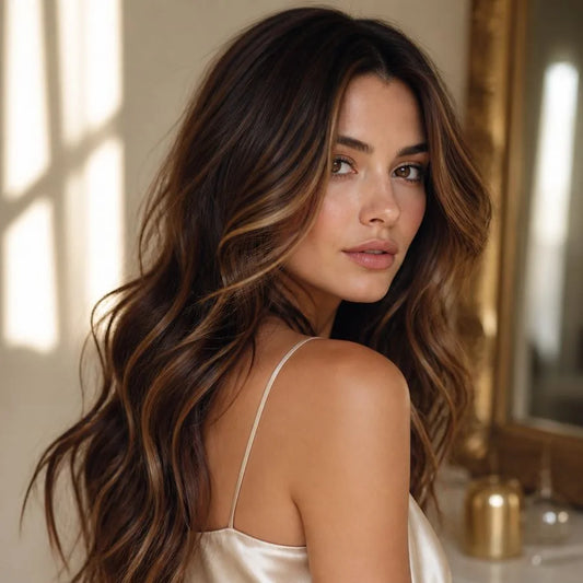 Model with glossy, dimensional brunette hair – illustrating “What is the best gloss for brunette hair?”