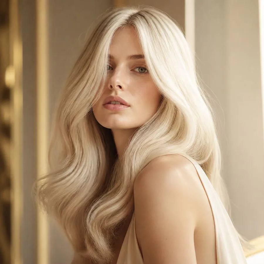 Model with bright, dimensional blonde hair – illustrating “What is the difference between platinum and icy blonde?”