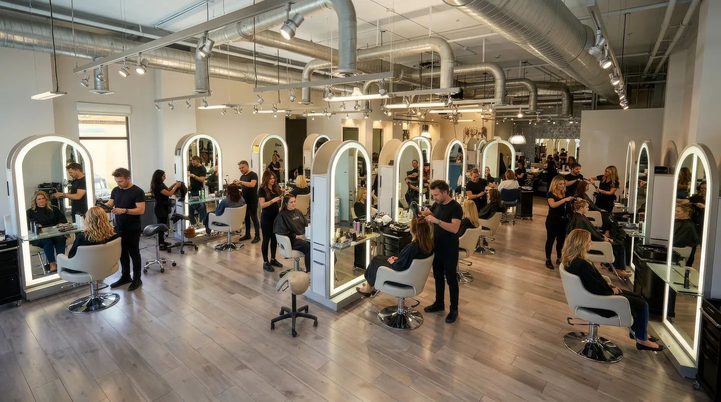 Salon Sora styling floor in Boca Raton: arched illuminated mirrors, stylists working with guests (AI-enhanced photo)